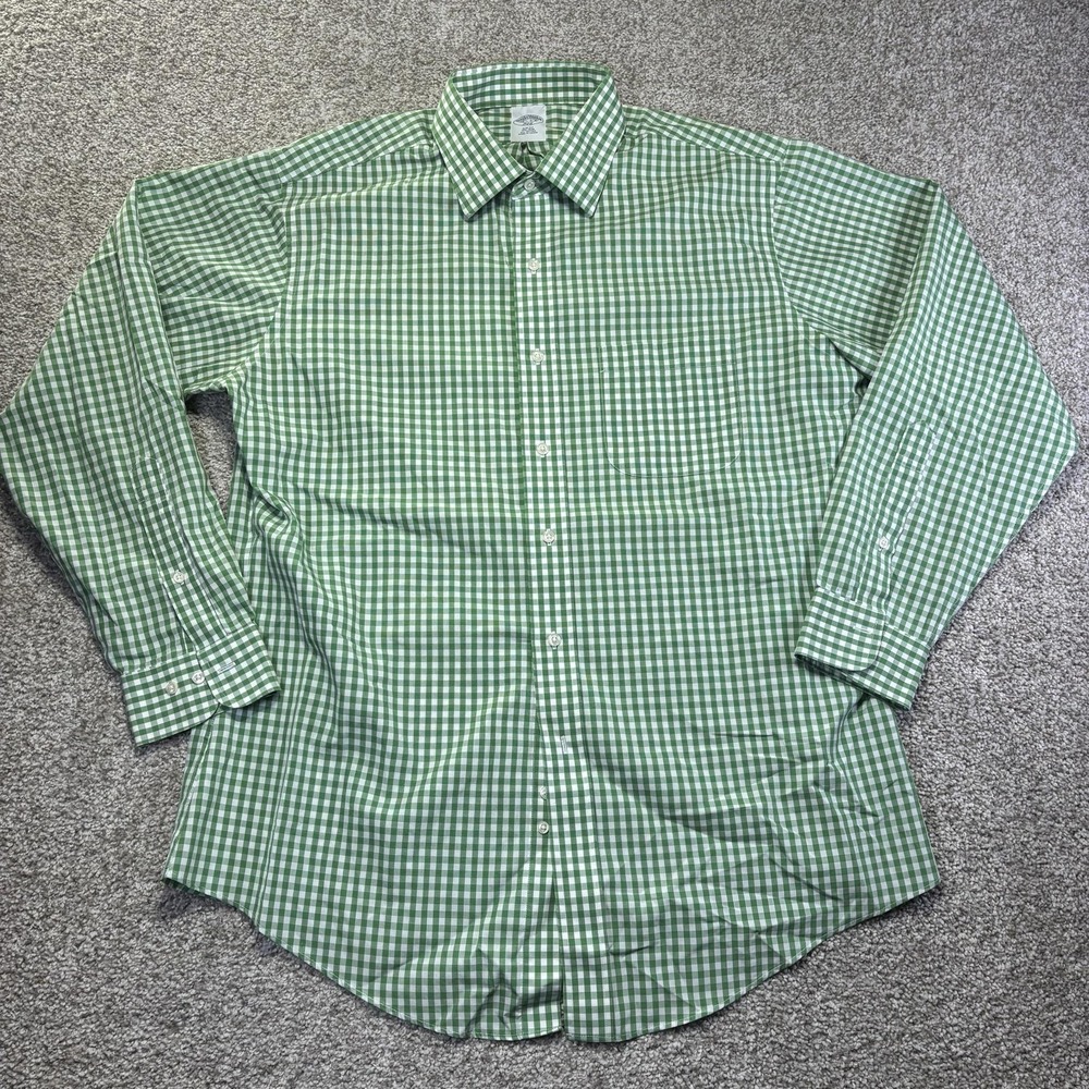 Brooks Brothers Shirt Mens 16.5 Green Gingham Slim Fit Long Sleeve Non Iron - Picture 3 of 7